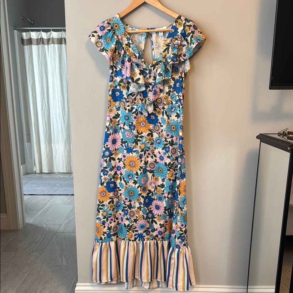 Topshop Floral Ruffle Dress - Blue, Yellow, Pink